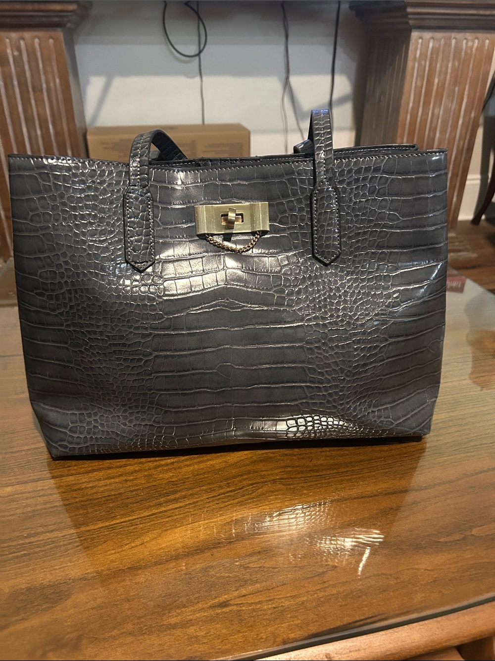 Betsey Johnson Charcoal Croc-Embossed Tote with Gold Turn-Lock